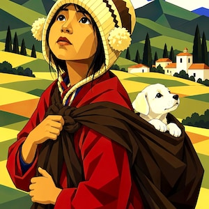 May include: A person wearing a red jacket and a cream-colored knit hat with pom-poms, carrying a small white puppy in a dark brown fabric sling across their back. The scene features a stylized landscape with green mountains and yellow fields.