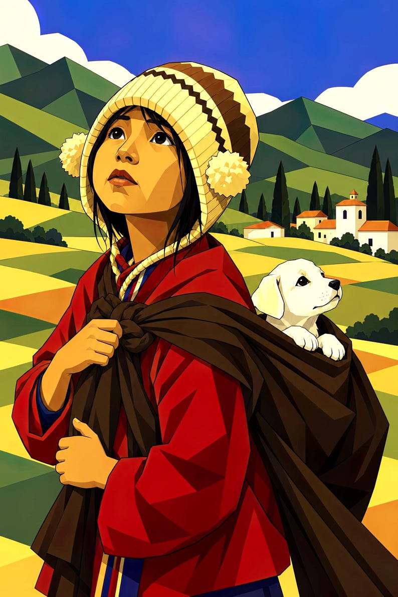May include: A person wearing a red jacket and a cream-colored knit hat with pom-poms, carrying a small white puppy in a dark brown fabric sling across their back. The scene features a stylized landscape with green mountains and yellow fields.