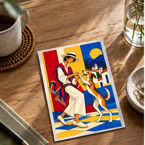 Man Dancing With Dog — digital illustration shown as a display example. No physical item, frame or props included.