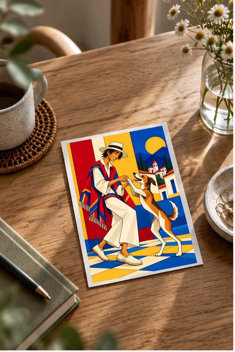Man Dancing With Dog — digital illustration shown as a display example. No physical item, frame or props included.