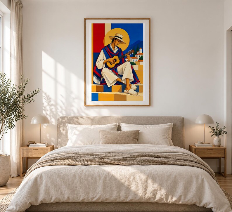 Guitarist Under the Mediterranean Sun — unframed fine art print. Frames and room accessories are not included.