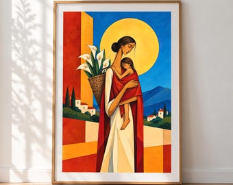 Kunstdruck „Mutter und Kind“, farbenfrohe figurative Wandkunst, modernes, ausdrucksstarkes Kunstwerk, zeitgenössische Wohndekoration
