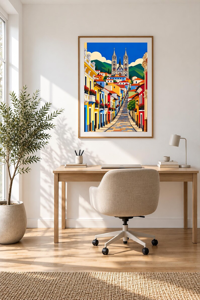 May include: A framed wall art print featuring a vibrant, colorful illustration of a steep cobblestone street lined with multi-colored buildings leading toward a large, twin-spired cathedral under a bright blue sky with white clouds.