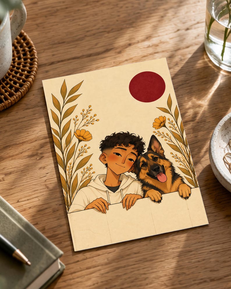 K&ouml;nnte beinhalten: Ein rechteckiger Druck mit einer Cartoon-Illustration einer Person mit lockigem dunklem Haar in einem wei&szlig;en Kapuzenpullover, neben einem Deutschen Sch&auml;ferhund. Das Motiv zeigt goldgelbe Blumenst&auml;ngel und einen roten Kreis auf cremefarbenem Grund.