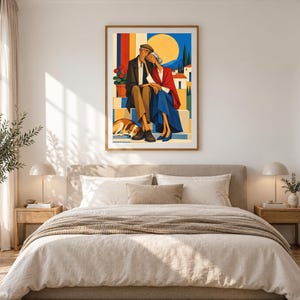 May include: A framed wall art print depicting an elderly couple sitting together on steps with a dog resting at their feet. The scene features a bright yellow sun, blue sky, and a potted plant with red flowers against a colourful architectural backdrop.