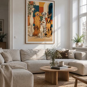 Six Dogs in a Mediterranean Courtyard Art Print, 40x60 cm Unframed Wall Art, Contemporary Fine Art by Zhydora