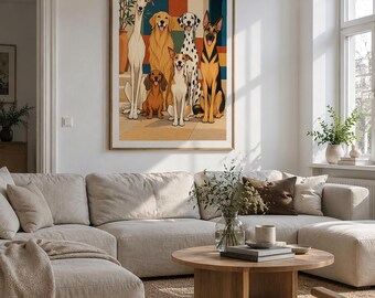 Six Dogs in a Mediterranean Courtyard Art Print, 40x60 cm Unframed Wall Art, Contemporary Fine Art by Zhydora