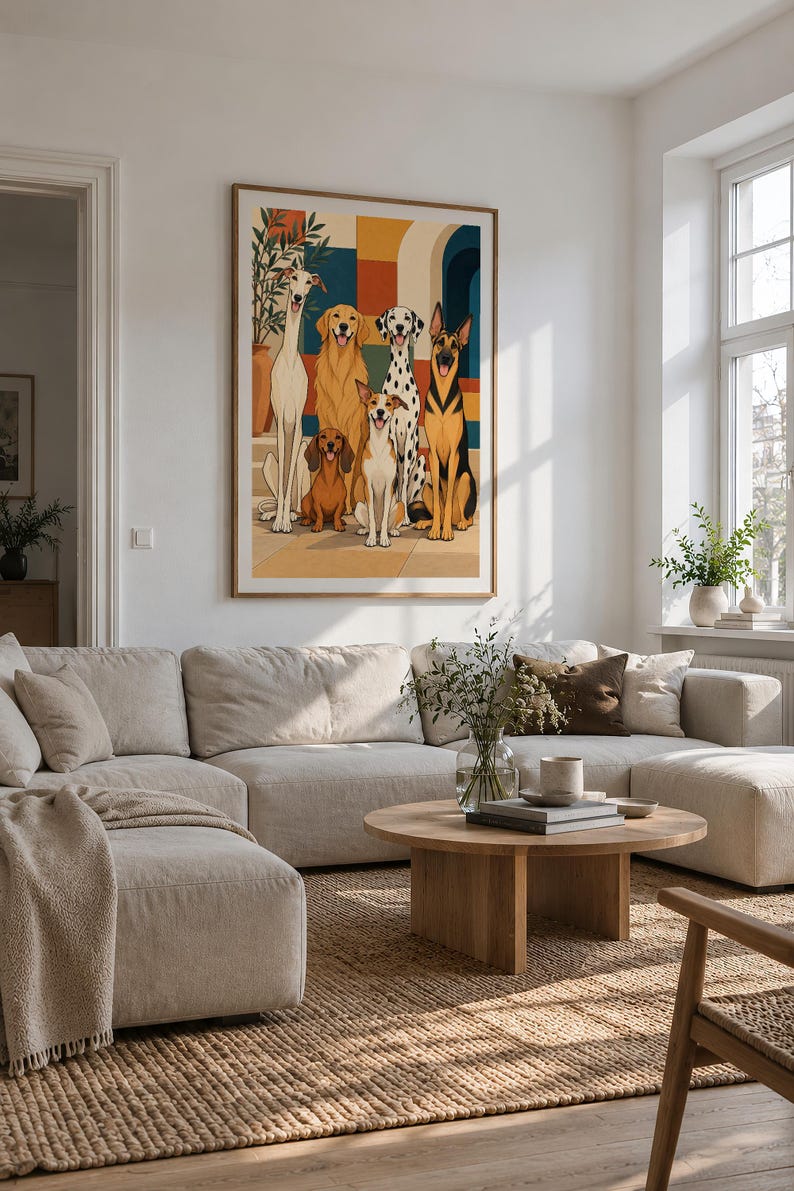 Six Dogs in a Mediterranean Courtyard — unframed fine art print. Frames and room accessories are not included.