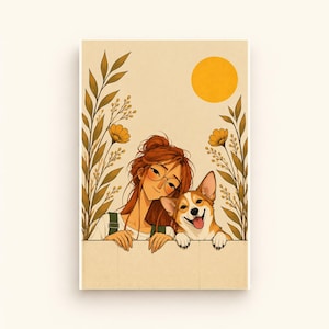 Może przedstawiać: Cyfrowa ilustracja przedstawiająca osobę z rudobrązowymi włosami w okularach, opartą o płot obok wesołego psa rasy corgi. Scena zawiera wysokie, żółtawe łodygi kwiatów po obu stronach oraz duży, żółty okrąg słońca.