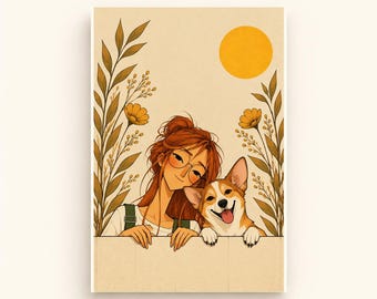 A Girl and Her Corgi Printable Dog Art, Digital Postcard, A5 A4 Wall Art, Child and Pet Illustration