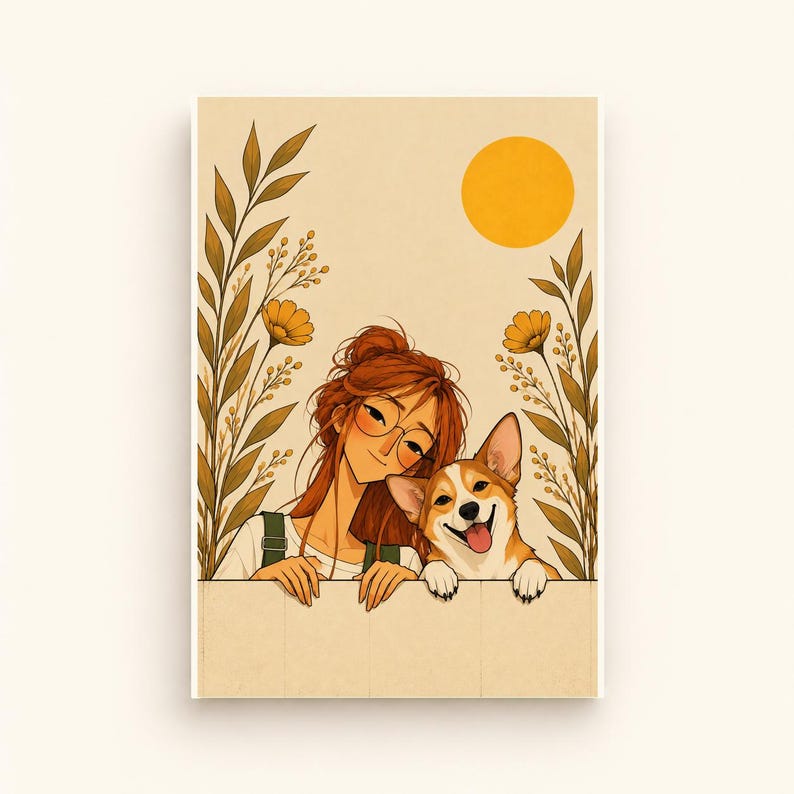 A Girl and Her Corgi — digital illustration shown as a display example. No physical item, frame or props included.