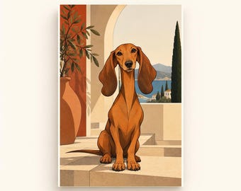Mediterranean Dachshund Printable Wall Art, Colourful Digital Download, A4 A5 and 2:3 JPG Files