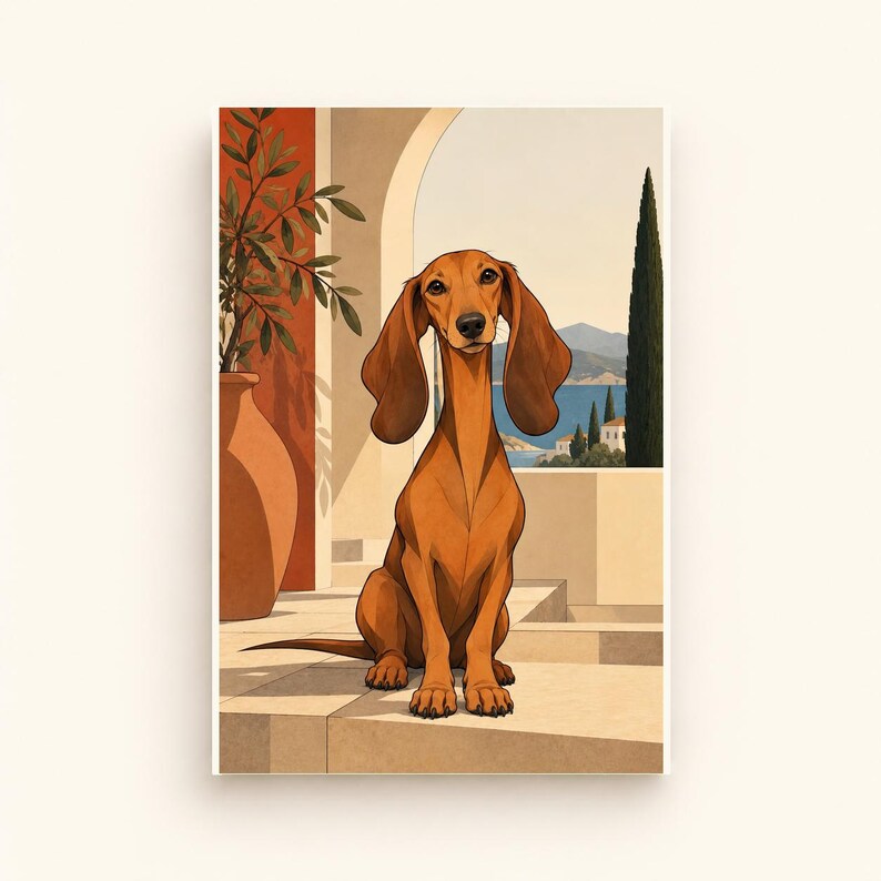 Mediterranean Dachshund — digital illustration shown as a display example. No physical item, frame or props included.
