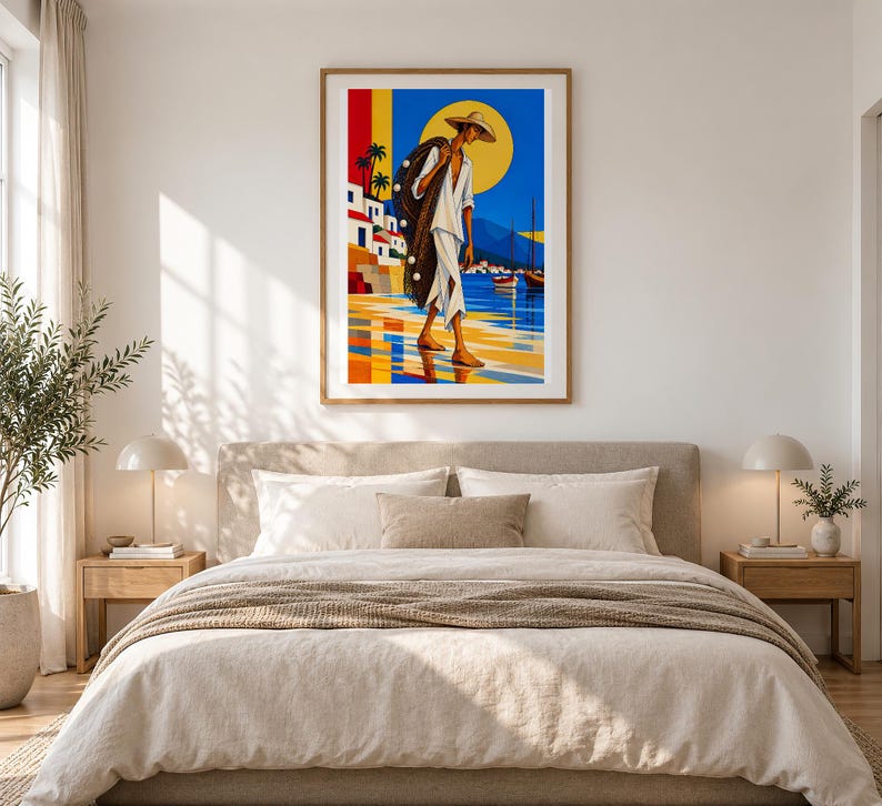 Fisherman by the Mediterranean Sea — unframed fine art print. Frames and room accessories are not included.