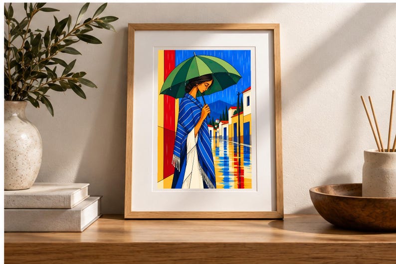 The Girl in the Rain — digital illustration shown as a display example. No physical item, frame or props included.