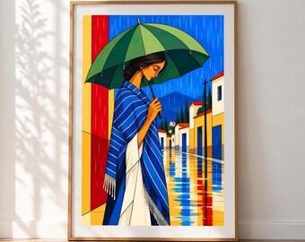 Kunstdruck „Mädchen mit Regenschirm“, Wandbild für Regentage, farbenfrohes figuratives Kunstwerk, zeitgenössischer Kunstdruck