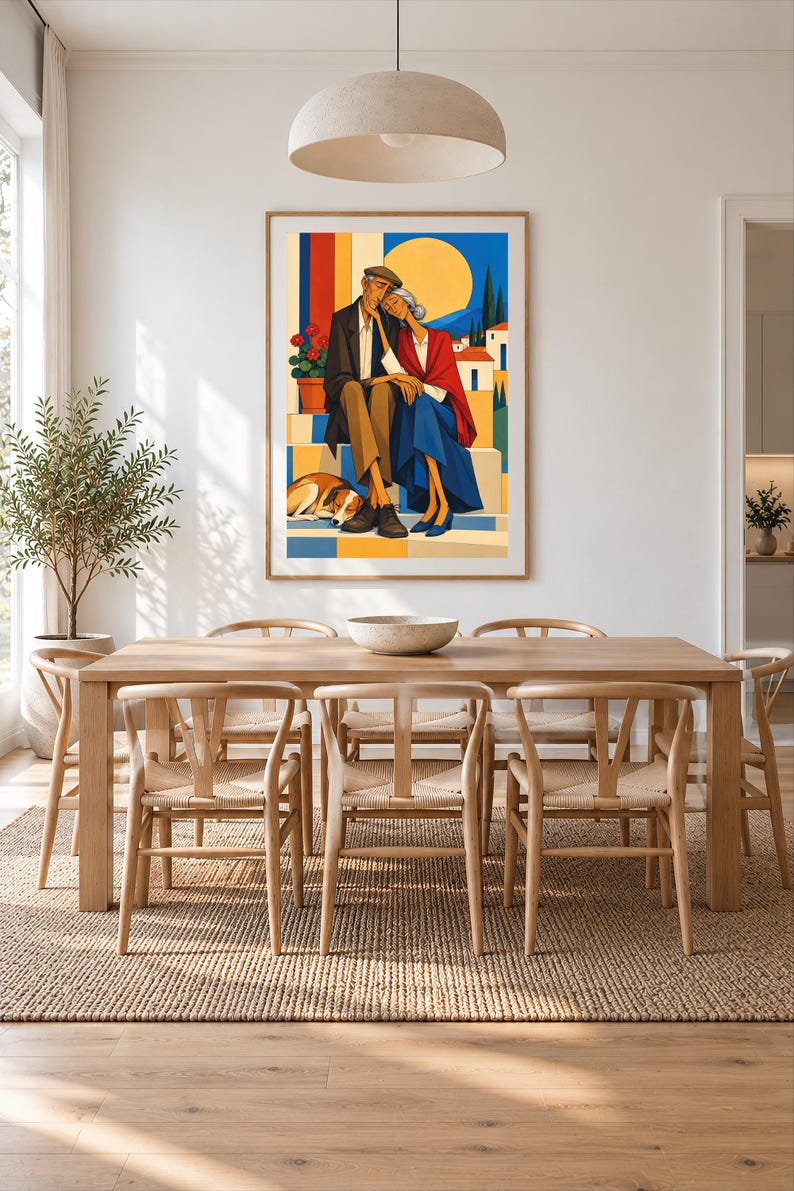 May include: A framed wall art print featuring a colourful illustration of an elderly couple sitting together on steps with a dog resting at their feet. The scene includes a bright yellow sun, blue sky, and white buildings in the background, rendered in a flat, graphic style with bold blocks of colour.