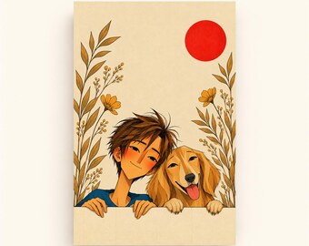 Boy and Golden Retriever Printable Wall Art, Red Sun Friendship Illustration, Kids Room Decor, Instant Digital Download