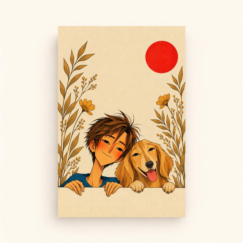 May include: A digital illustration featuring a person with brown hair and a golden dog side by side, both resting their hands on a ledge. The scene includes tall yellow wildflowers on both sides and a solid red circle against a cream background.