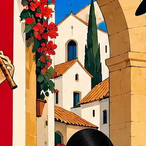 Musicians in a Mediterranean Courtyard — unframed fine art print. Frames and room accessories are not included.