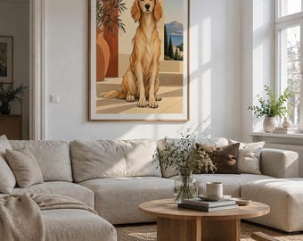 Mediterranean Golden Retriever Art Print, 40x60 cm Unframed Wall Art, Contemporary Fine Art by Zhydora