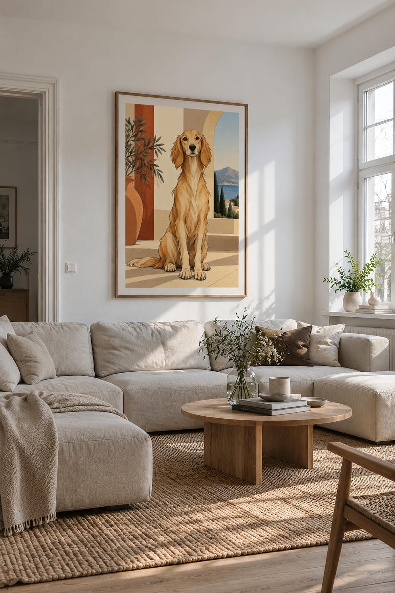 Mediterranean Golden Retriever — unframed fine art print. Frames and room accessories are not included.