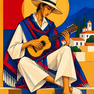 Guitarist Under the Mediterranean Sun — unframed fine art print. Frames and room accessories are not included.
