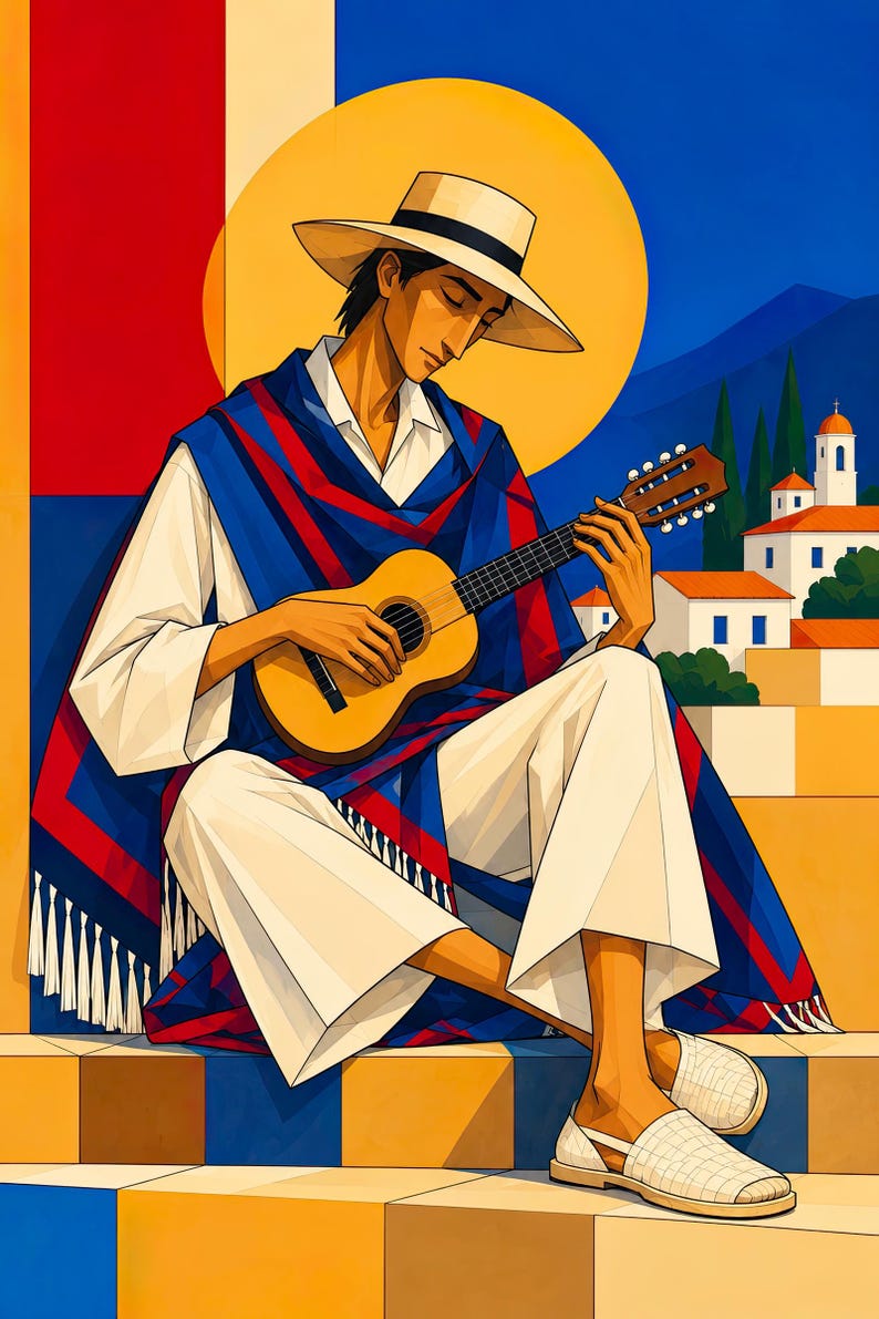 Guitarist Under the Mediterranean Sun — unframed fine art print. Frames and room accessories are not included.