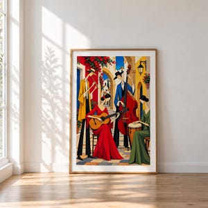 Musicians in a Mediterranean Courtyard — unframed fine art print. Frames and room accessories are not included.
