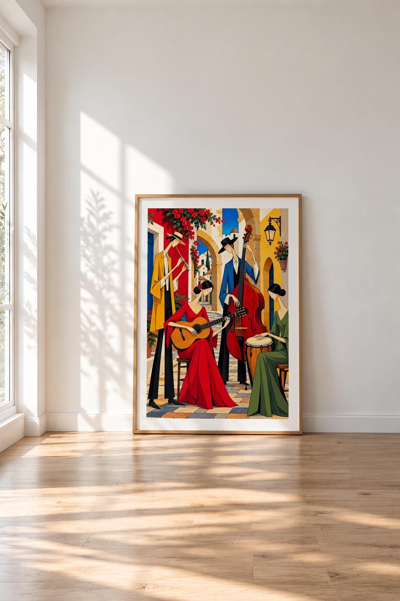 Musicians in a Mediterranean Courtyard — unframed fine art print. Frames and room accessories are not included.