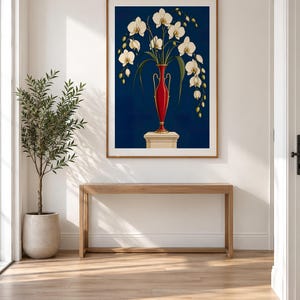 White Orchids in a Colourful Vase — unframed fine art print. Frames and room accessories are not included.