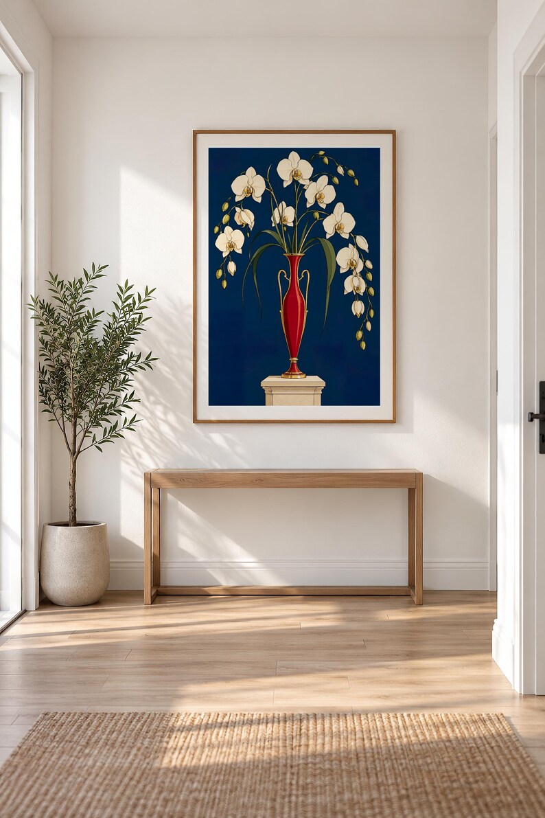 White Orchids in a Colourful Vase — unframed fine art print. Frames and room accessories are not included.