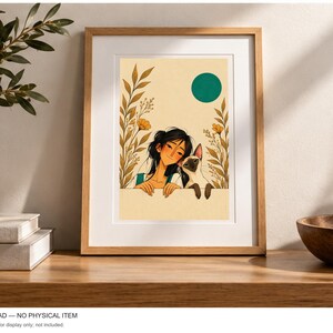 A Girl and Her Cat — digital illustration shown as a display example. No physical item, frame or props included.