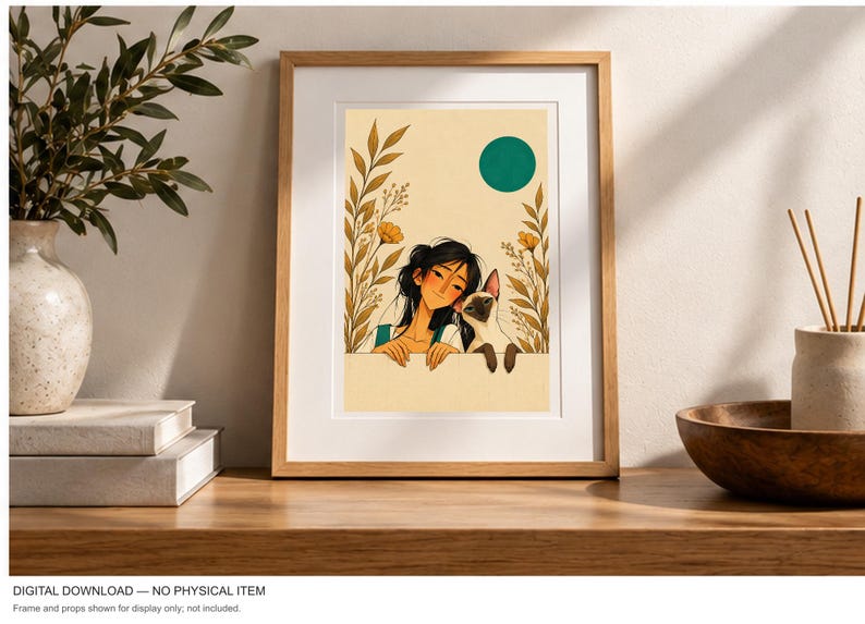 A Girl and Her Cat — digital illustration shown as a display example. No physical item, frame or props included.