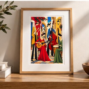 Musicians in a Mediterranean Courtyard — digital illustration shown as a display example. No physical item, frame or props included.