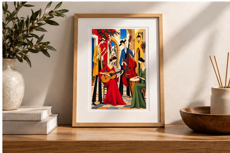 Musicians in a Mediterranean Courtyard — digital illustration shown as a display example. No physical item, frame or props included.