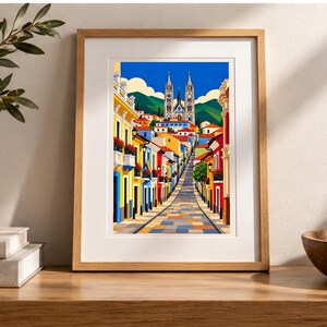 Street to the Cathedral — Quito, Ecuador — digital illustration shown as a display example. No physical item, frame or props included.