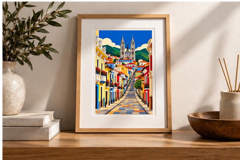 Street to the Cathedral — Quito, Ecuador — digital illustration shown as a display example. No physical item, frame or props included.