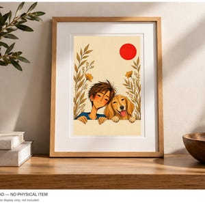 A Boy and His Golden Companion — digital illustration shown as a display example. No physical item, frame or props included.