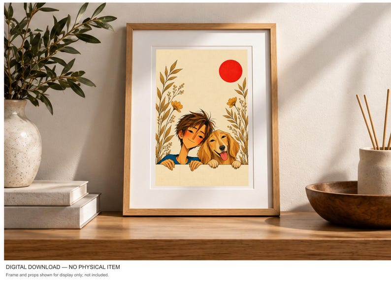 A Boy and His Golden Companion — digital illustration shown as a display example. No physical item, frame or props included.