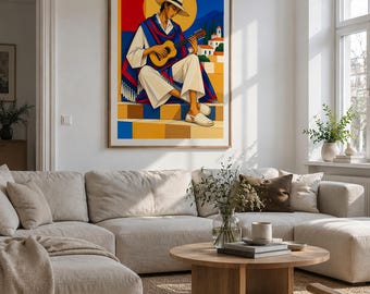 Guitarist Under the Mediterranean Sun Art Print, 40x60 cm Unframed Wall Art, Contemporary Fine Art by Zhydora