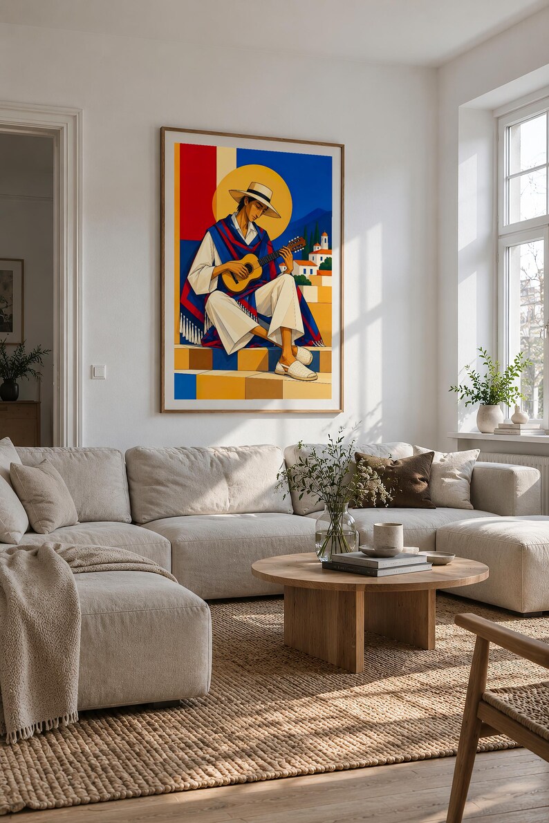 Guitarist Under the Mediterranean Sun — unframed fine art print. Frames and room accessories are not included.