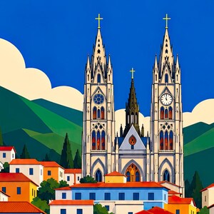 May include: A vibrant illustration of a neo-Gothic cathedral with two tall spires and a central clock tower, set against green mountains and a bright blue sky. The foreground features colorful houses with orange roofs in a town setting.