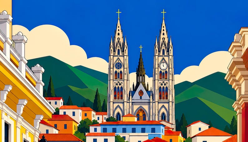 May include: A vibrant illustration of a neo-Gothic cathedral with two tall spires and a central clock tower, set against green mountains and a bright blue sky. The foreground features colorful houses with orange roofs in a town setting.