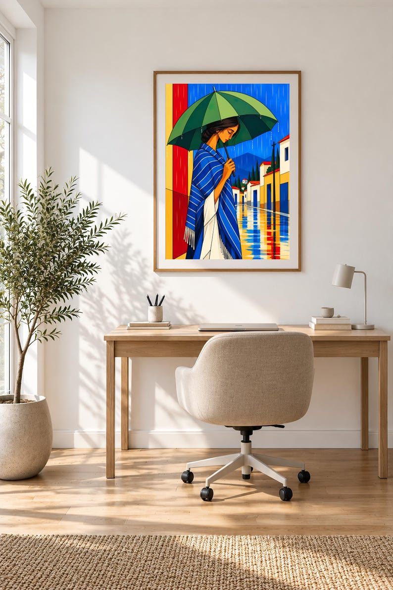 May include: A framed wall art print depicting a person standing under a green umbrella during a rainstorm. The scene features a blue and white striped shawl, a vibrant yellow and red background, and a street with white buildings and blue reflections.