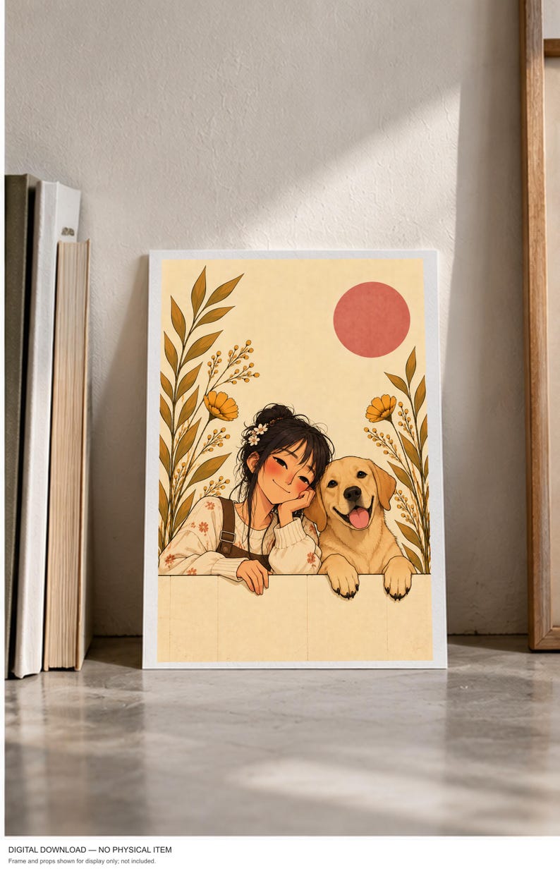 A Girl and Her Gentle Companion — digital illustration shown as a display example. No physical item, frame or props included.