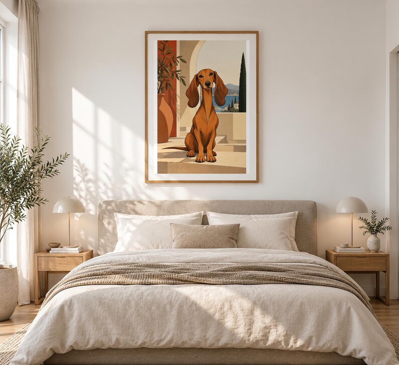 Mediterranean Dachshund — unframed fine art print. Frames and room accessories are not included.