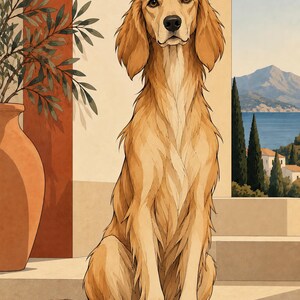 Mediterranean Golden Retriever — unframed fine art print. Frames and room accessories are not included.