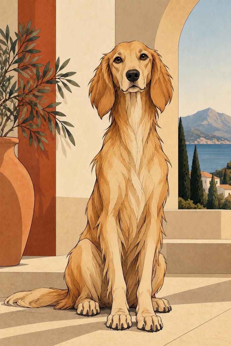Mediterranean Golden Retriever — unframed fine art print. Frames and room accessories are not included.