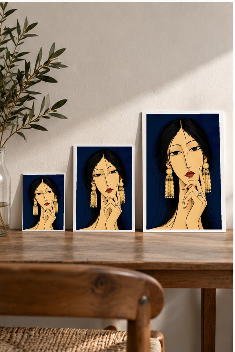 Woman with Golden Jewellery — digital illustration shown as a display example. No physical item, frame or props included.